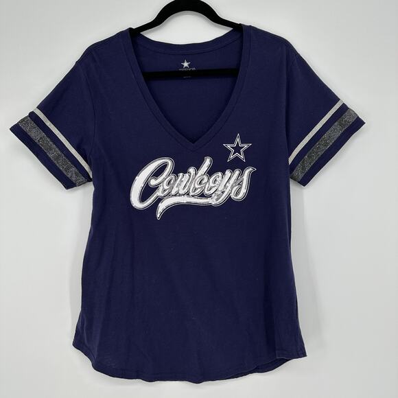 Dallas Cowboy Navy Dallas Cowboys Miko Glitter Trim V-Neck T-Shirt Womens Large - Picture 2 of 7